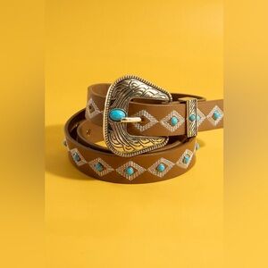 Western Embroidered Buckle Pattern Vegan Leather Belt|Brown